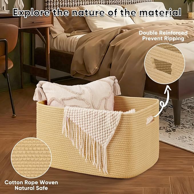 OIAHOMY 75L Large Blanket Basket, Woven Cotton Rope Baskets for Organizing 22”x17”x12”, Blanket Basket living Room, Toy Storage Bins for Nursery, Yellow