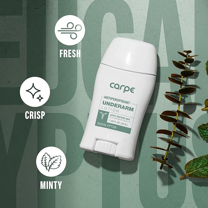 Carpe Underarm Antiperspirant and Deodorant, Clinical strength antiperspirant with all-natural eucalyptus scent, Combat excessive sweating and stay fresh. Great for hyperhidrosis (Pack of 3)