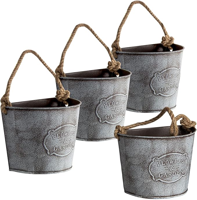 XONOR 4Pcs Galvanized Metal Hanging Wall Planter, Rustic Wall Flower Vase for Succulents Herbs Country Home Farmhouse Decoration (2)