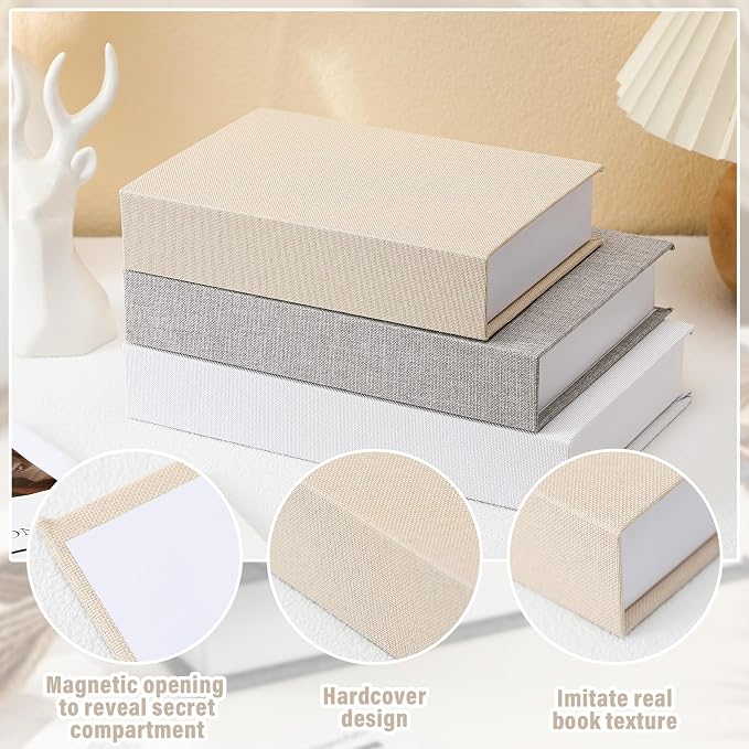 Tioncy 3 Pcs Decor Linen Faux Book Box Set Aesthetic DIY Fake Linen Book Box for Decor Storage Cafe Table Bookshelf Gift Home Keepsake(Multi Sizes,Rice White, Light Grey and White)