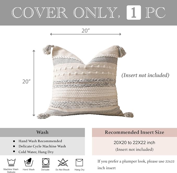 Gray Boho Decorative Throw Pillow Cover 20x20 Square Farmhouse Accent Cushion for Couch Sofa Livingroom Bedroom Pillowcase Modern Home Décor (Pack of 1)