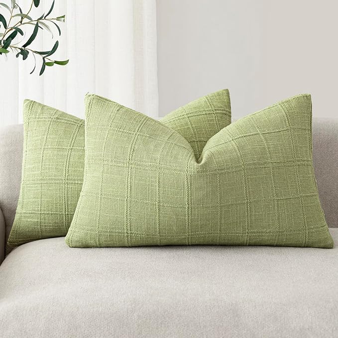 Foindtower Set of 2 Decorative Linen Check Throw Pillow Covers Neutral Farmhouse Lumbar Cushion Covers Modern Boho Accent Home Decor for Sofa Chair Couch Bedroom Living Room,12×20 Inch,Light Green