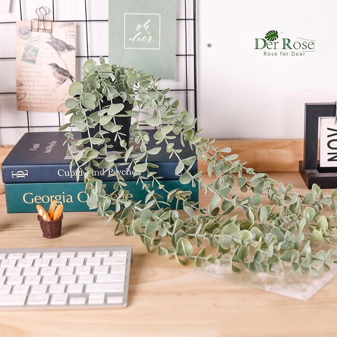 Der Rose 2Pcs Fake Hanging Plants with Black Pot for Bathroom Shelf Decor | Boho cascading eucalyptus and mandala vine creates a modern natural accent, adding depth to office, bookcase, bedroom decor