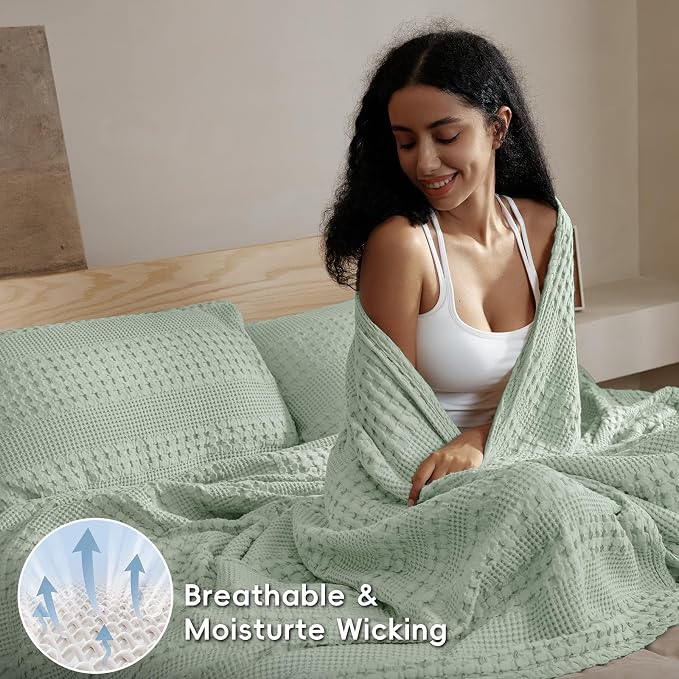 PHF 100% Cotton Waffle Weave Blanket Queen Size, Lightweight Breathable Summer Blanket for Hot Sleepers, Pre-Washed Soft Layer for Bed, Couch, Aesthetic Home Decor & Gift, 90"x90", Mint Green