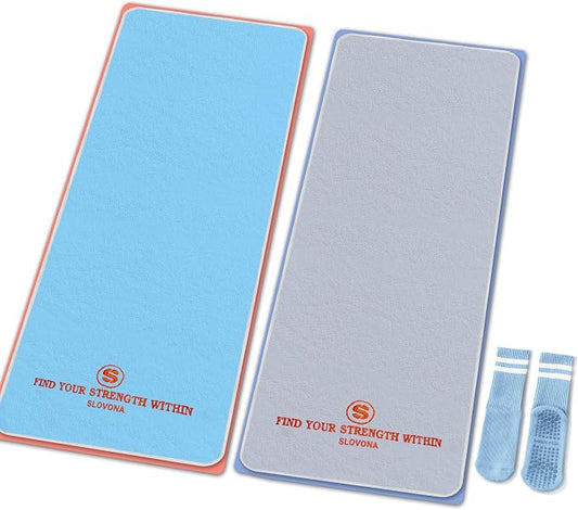 2 Pack Yoga Mat Towel with Bonus Grip Socks, Lavender Gray+Sky Blue | Elegant Embroidered, 1-Second Sweat Absorption & Non-Slip | Machine Washable Microfiber | Hot Yoga, Pilates | 73''*27.6''