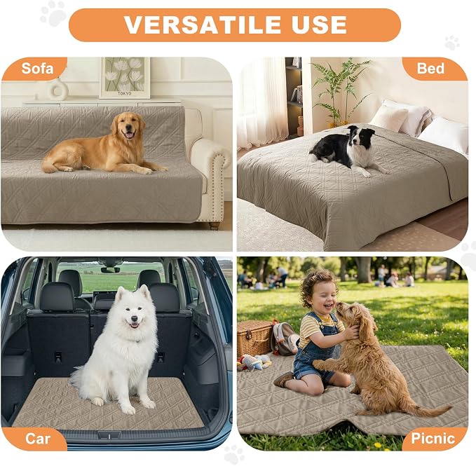 100% Waterproof Washable Dog Blanket，Khaki+Khaki，35"x71" | ,7-Layer Reversible Couch Covers for Dogs Met for Sofa Furniture Car Camping