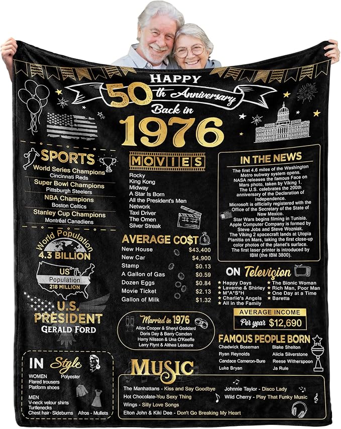 50th Anniversary Wedding Blanket Gifts Gift for 50th Wedding Anniversary Golden 50 Years of Marriage Gifts for Couple Wife Husband Dad Mom Parents Back in 1976 Blanket 60Lx50W