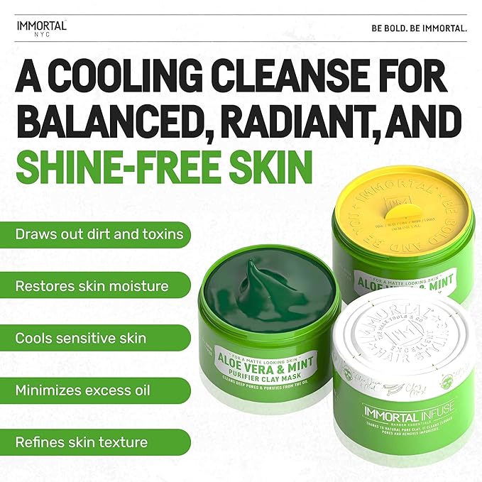 Immortal NYC - Aloe Vera & Mint Purifier Clay Mask – Face Mask for Matte Look Skin, Oil Control, Deep Cleansing & Refreshing Skincare. Great Gifts For Women & Men – 10 oz