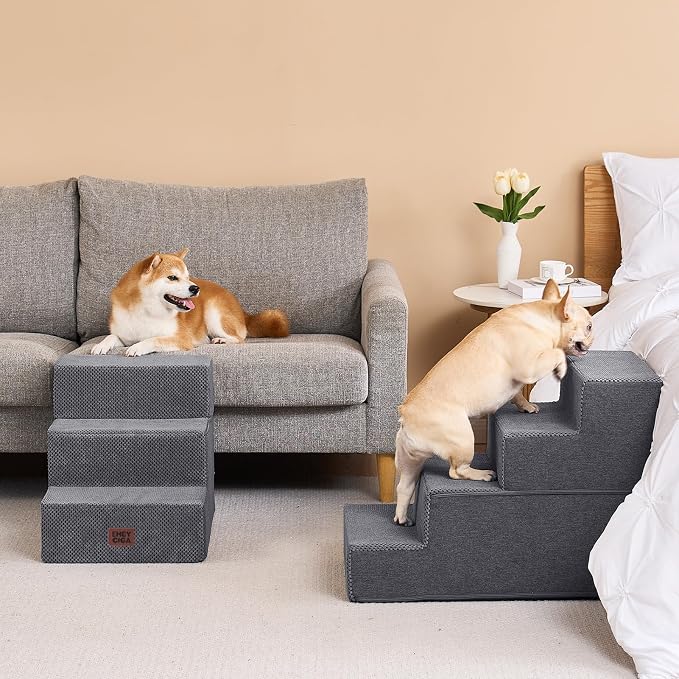 EHEYCIGA Dog Stairs for Bed 20" H, 4-Step Extra Wide Dog Steps, Grey | Pet Steps for Small Dogs and Cats for High Bed, Non-Slip Balanced Pet Ramp Indoor