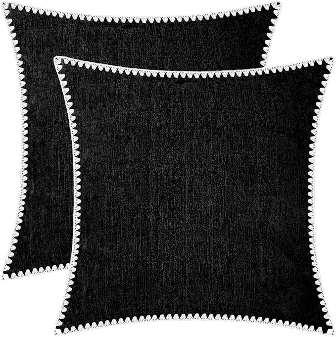 BRAWARM Chenille Throw Pillow Covers 18x18 Inches, Black, 2 Pack | Decorative Pillow Covers with Shell Edge, Soft Cushion Cases for Sofa Bed Living Room Home Farmhouse (No Insert)