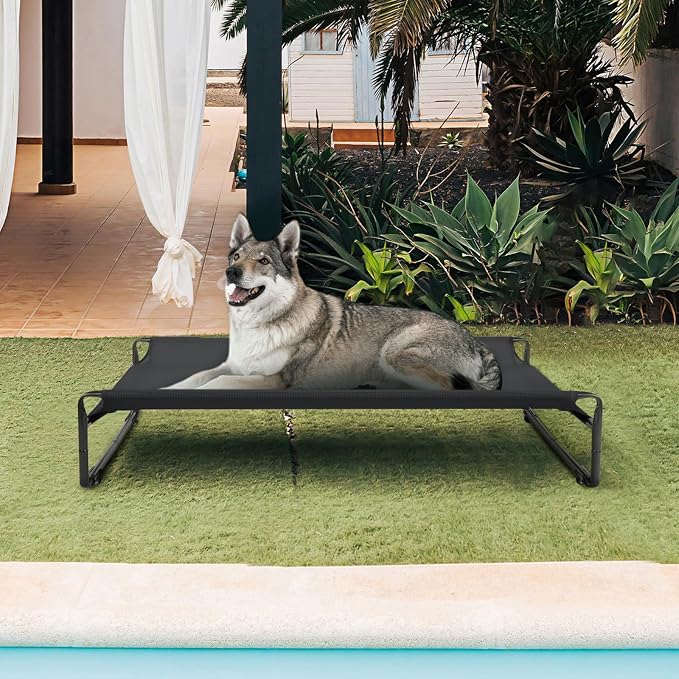 Veehoo Outdoor Elevated Dog Bed, Cooling Raised Dog Beds for Large Dogs | Washable Dog Cot with Headrest Sides, Non-Skid Feet, Breathable Mesh, Cooling Pet Hammock for Indoor or Camping, 47", Black