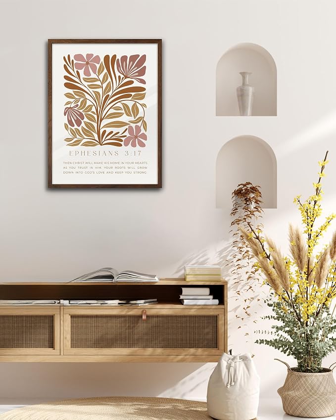 EcoHest 12x16 in Ephesians 3:17 Abstract Floral Framed Christian Wall Art | Walnut Color Solid Oak Frame，Canvas Wall Art, Scripture Bible Verse Wall Decor for Bedroom, Living Room, Office, Church,1Pack