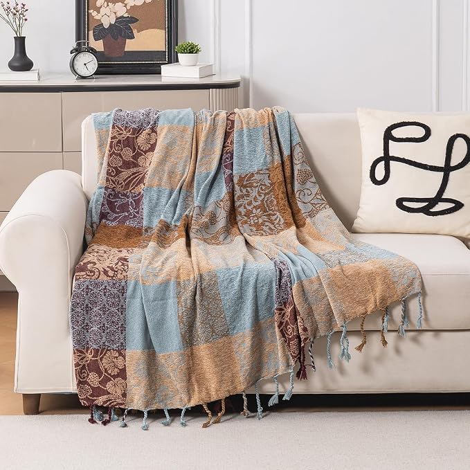 Boho Chenille Throw Blanket, Bohemian Jacquard Tassels Cover for Couch Bed, Decorative Sofa Slipcover Protector - Colorful Tribal Pattern (Vintage, 86 * 102 in)