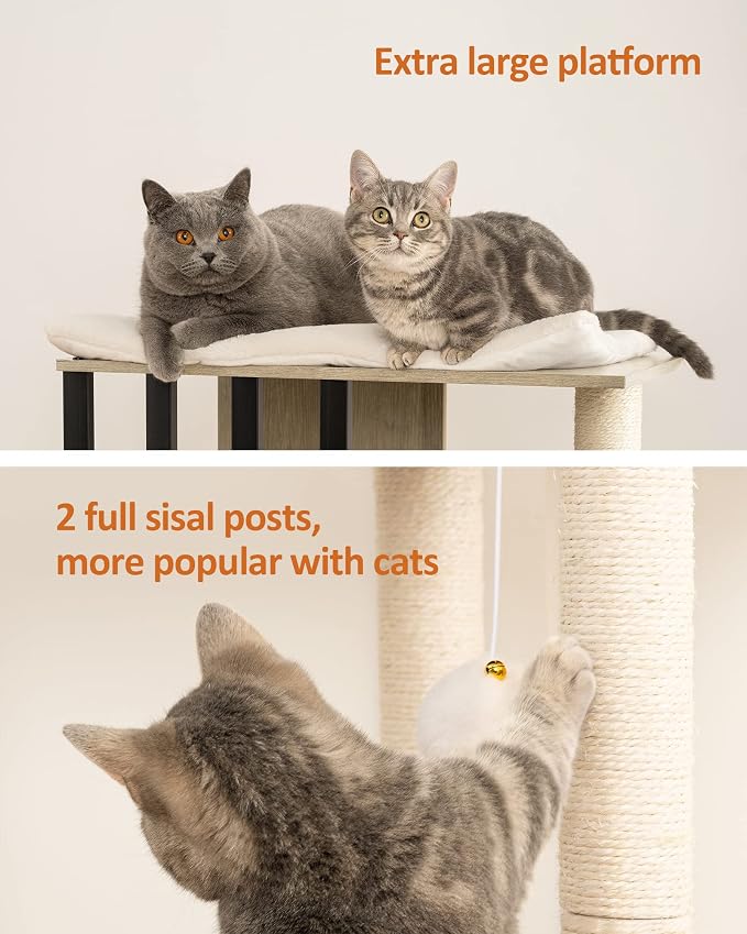 43.8in 3-Tier Modern Cat Tree Tower Condo, Cat Scratch Posts for Indoor Cats, Big Plate, Two 19.7in Full Sisal Scratching Posts, Greige