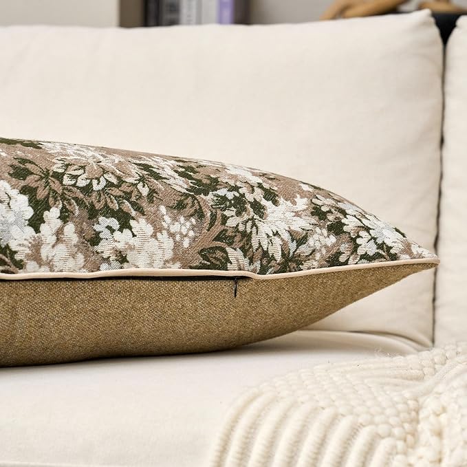 Neutral Floral Pillow Cover 14 x 36 Inches, Vintage Chenille Accent Throw Pillow Cover Soft Decorative Farmhouse Accent Couch Pillow Cover for Living Room Bedroom, Green