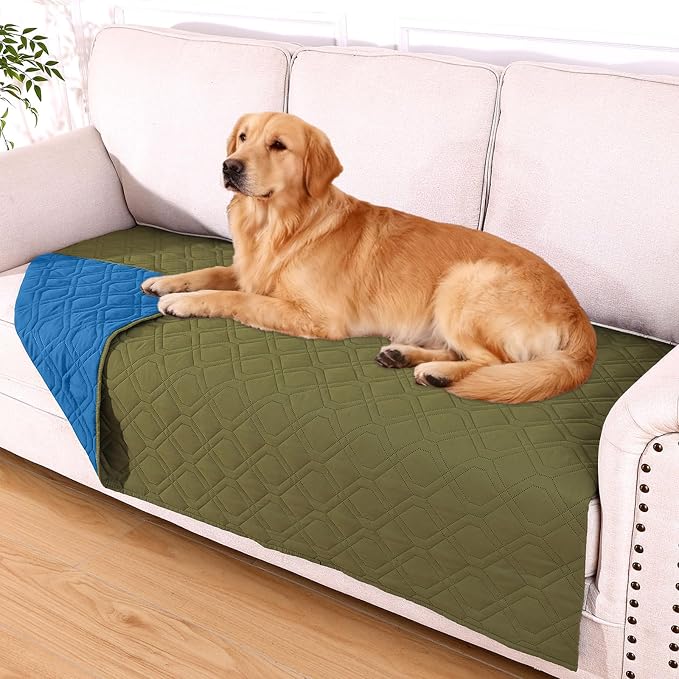 Waterproof Dog Bed Blanket - Soft Pet Blanket & Sofa Cover for Dogs | Reversible Washable Furniture Protector, Couch Covers for Pets (40x70 Inch, Green/Navy Blue)