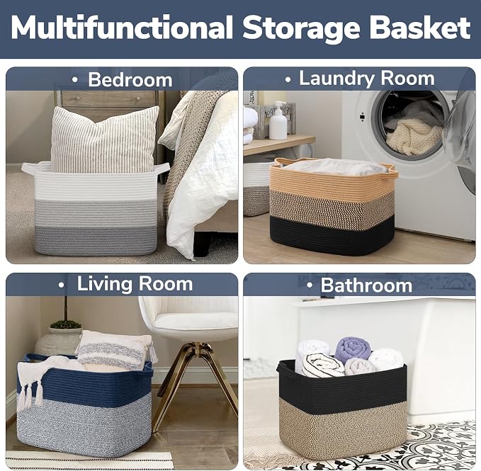 Goodpick 50L Large Woven Storage Basket, 18" x 14" x 12", Blue | Stylish Gift Basket for Home Decor, Cotton Rope Baskets for Blankets & Toys Storage, Living Room & Bedroom Organization