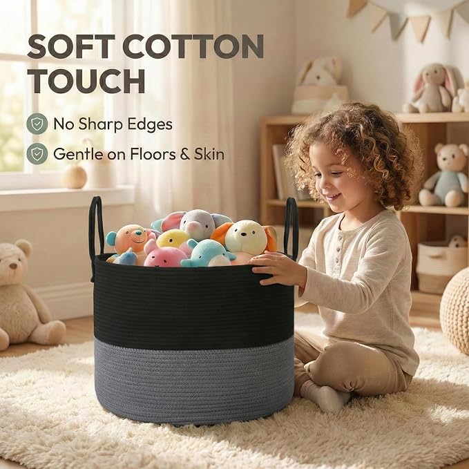 JMvicyroam 115L Extra Large Machine Washable Cotton Rope Blanket Basket | Collapsible laundry hamper, Reinforced handles, For blankets, pillows, toys and clothes, Living room and bedroom, Black&Grey