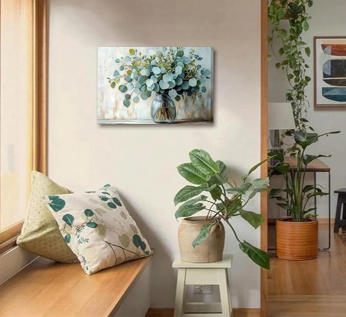 Eucalyptus Flower Vase Canvas Wall Art Sage Green Canvas With Plants Wall Decor Farmhouse Vintage Green Plants Poster Print Artwork for Bathroom Living room Bedroom Home Decoration