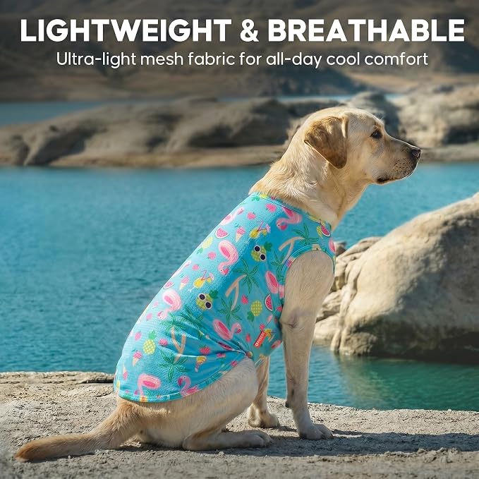KYEESE 2Pack Dog Shirt, Lightweight Sun Protection Dog T Shirts for Large Dogs Boy Girl, Breathable Mesh Tank Top Sleeveless Pet Reflective Vest, Soft Summer Dogs Clothes, Flamingo+Blue, 3XL