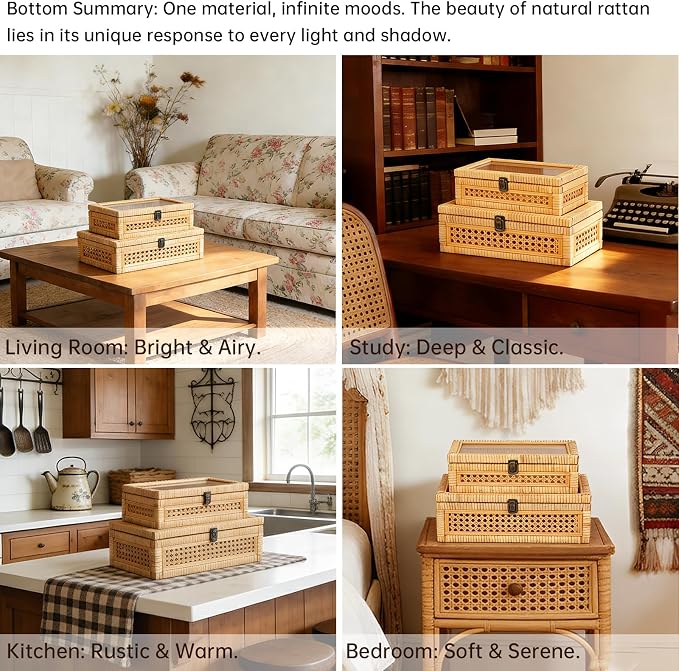 DECOR4SEASON Rattan and Cane Stacking Boxes with Glass Top Lid - Set of 2 for Boho, and Rustic Farmhouse Decor | Natural Rattan Texture, Vintage Trunk Style, Decorative Storage Boxes for Boho, and Rustic Farmhouse Decor