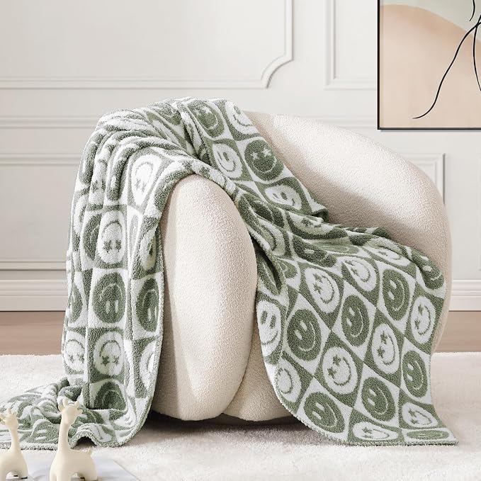 Soft Checkered Throw Blanket for Couch-Cozy Warm Knitted Blankets | Lightweight Warm Fluffy Decor for Women, Mom, Her & Girls, Sofa, Chair, Bed, 50x60in, Seagrass Smiling Face