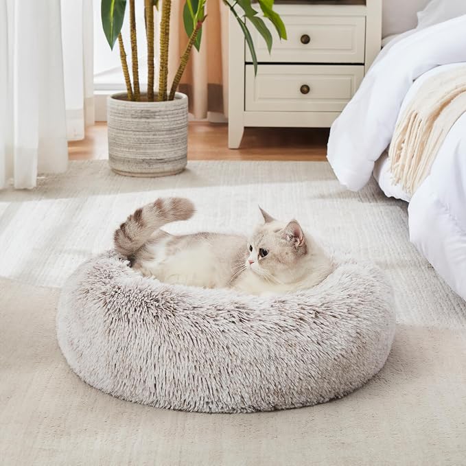 Western Home Calming Donut Cat Bed Small Dog Bed Washable,20" White Khaki | Fluffy Faux Fur Round Cuddler,Anti-Anxiety,Anti-Slip Bottom,Self-Warming Pet Bed for Small Dog&Kitten&Puppy,Up to 12 LBS