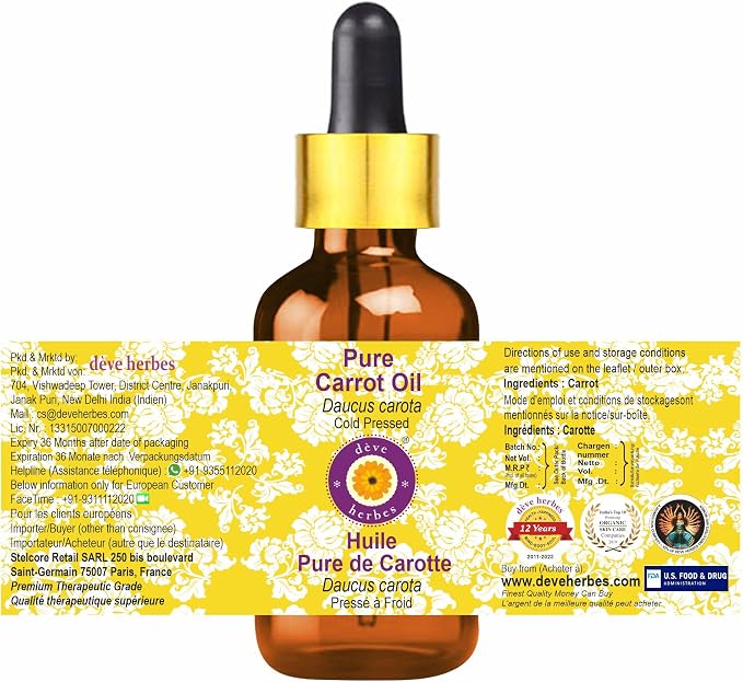 Deve Herbes Pure Carrot Oil (Daucus carota) with Glass Dropper Cold Pressed 30ml (1 oz)