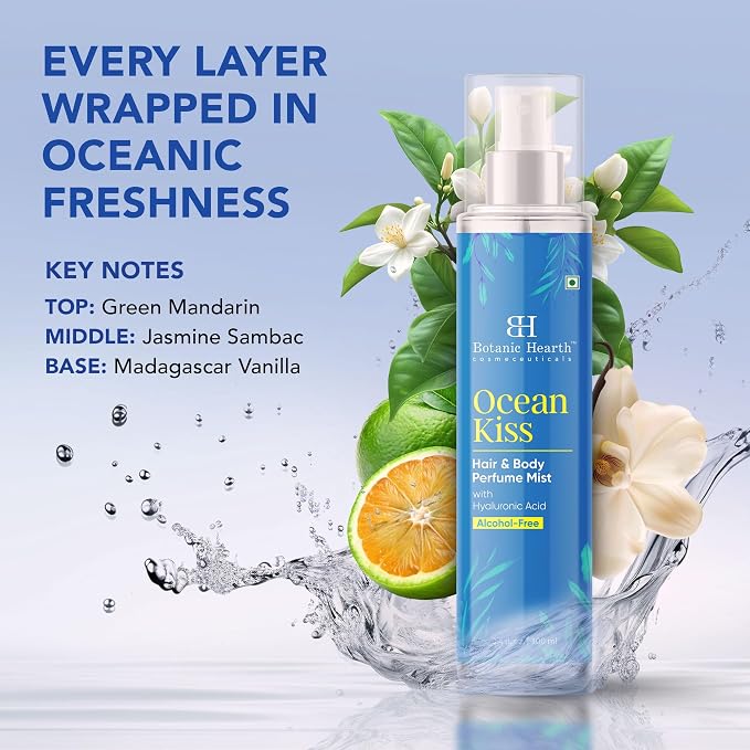 Botanic Hearth Ocean Kiss Hair Perfume & Body Mist, Long-Lasting Hair Deodorizer & Body Scent for Women & Men, Alcohol-Free Clean Fragrance Hair Spray For Everyday Wear, All Day Freshness, 3.4 Fl Oz