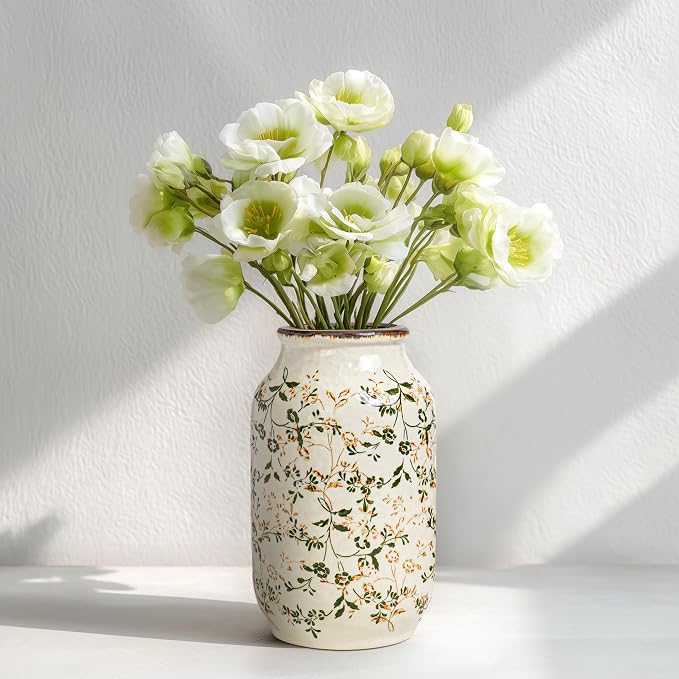Green Vintage Vase, Chinoiserie Floral Vases for Flowers, Rustic Farmhouse Ceramic Vase for Home Decor, Living Room, Shelf, Office, Vintage Room Decor, 9 inch, White and Green