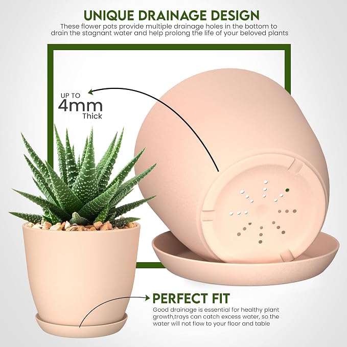 Plant Pots Indoor with Drainage, 5 Pack Multi-Size Planters Set, Pink | Drainage holes included Multiple sizes 7/6.6/6/5.3/4.8 In Indoor plants and flowers Durable plastic construction