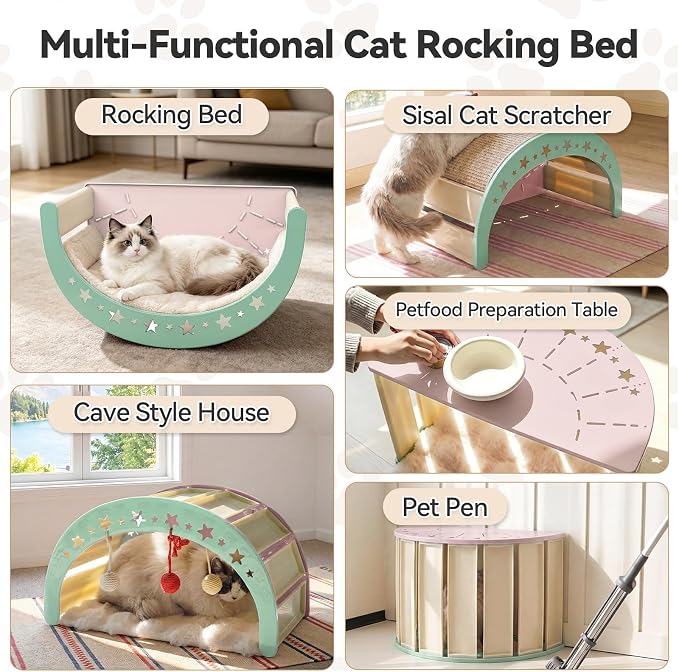 Cat Rocking Bed with Washable Removable Cushion and Sisal Scratching Pads Cat Scratcher Multifunctional Cat Furniture, Pink