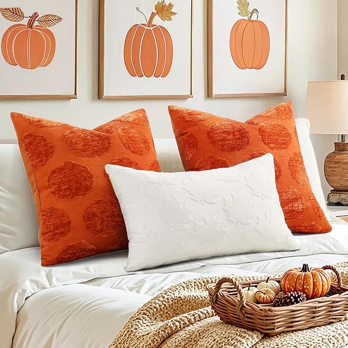 decorUhome Chenille Rust Pumpkin Soft Throw Pillow Covers 20x20 Set of 2 | Fall Decorative Jacquard Farmhouse Accent Modern Farmhouse Neutral Pillowcases for Bed Sofa Autumn Harvest Halloween Holiday