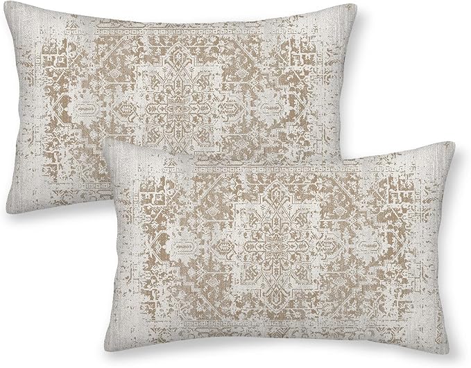 AEIOAE Boho Pillow Covers 12x20 Inch Set of 2,Carpet Pattern Throw Pillows Case,Brown Beige White Ethnic Design Outdoor Decorative Square Linen Farmhouse Decor Cushion Covers for Home Sofa Bed Couch