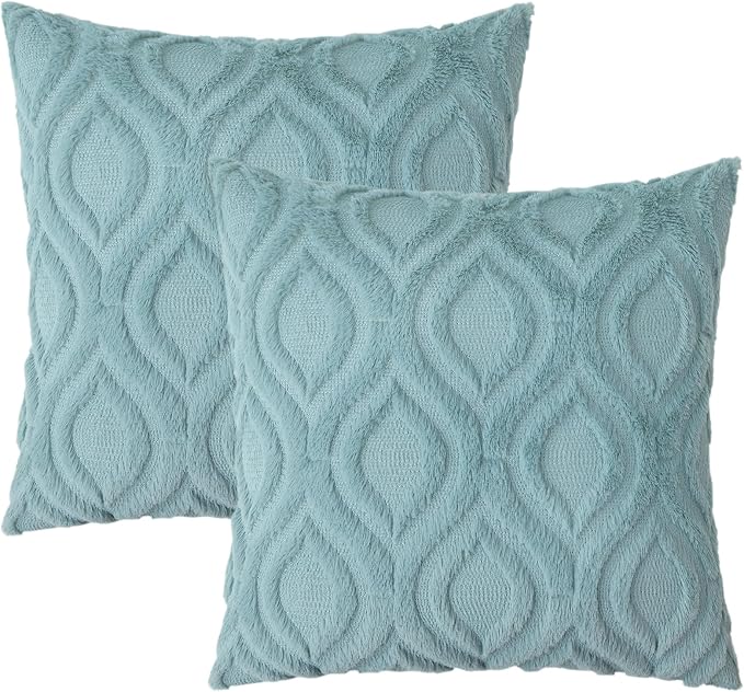 decorUhome Faux Fur Plush Soft Aqua Throw Pillow Covers 16x16 Set of 2 | Plush Solid Fall Couch Pillow Covers, Accent Modern Farmhouse Neutral Decorative Square Pillow Cases for Sofa Bed Living Room