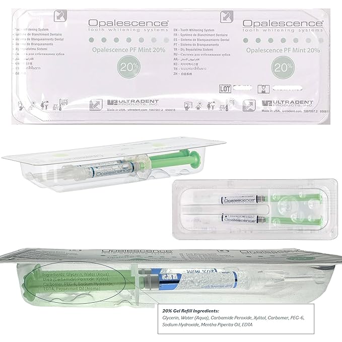 Opalescence 20% Gel Syringes Teeth Whitening - Refill Kit (8 Syringes) Carbamide Peroxide, Fluoride. Made by Ultradent, in Mint Flavor. Tooth Whitening - 5196-4