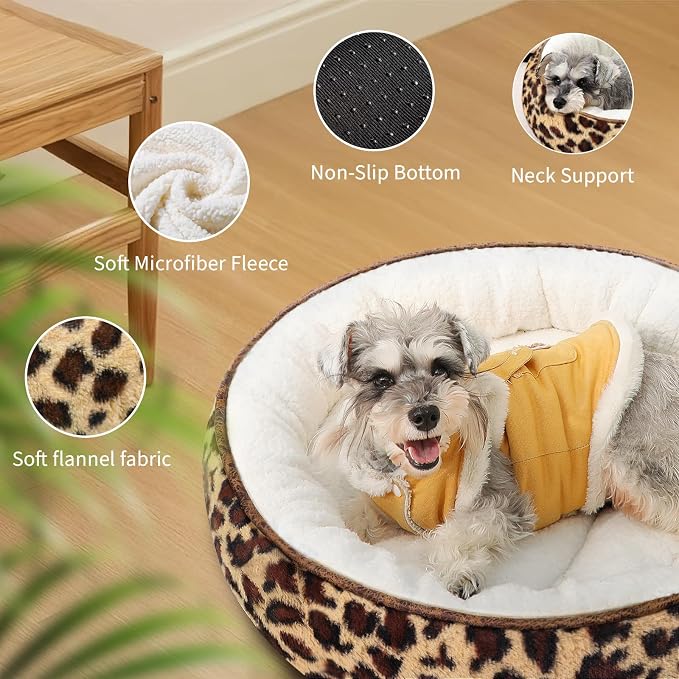 Zerbuger 23in Leopard Round Dog Bed Sofa for Dogs Cats, Machine Washable | for Small/Medium/Large Dogs Cats, Foam Pet Couch with Removable Mat Non-Slip Bottom, Pet Cuddler for Indoor/Outdoor/Car/Cage