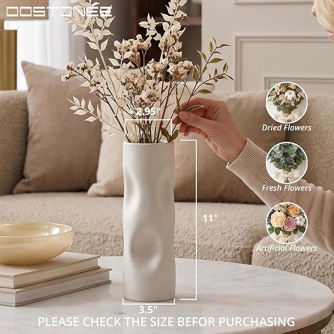 11 Inch Tall White Ceramic Vase – Modern Boho Geometric Home Decor for Living Room, Shelf & Coffee Table
