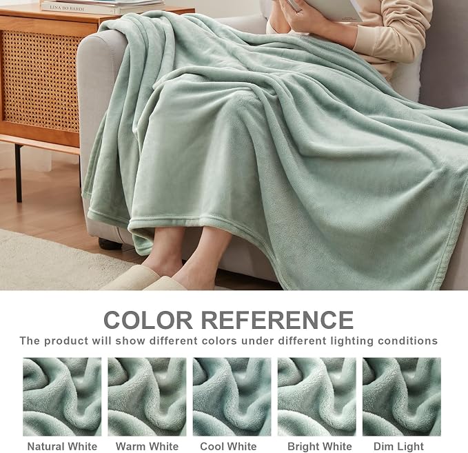 Hansleep Throw XL Grey Green Fleece Blanket, Soft Flannel Bed Blanket | Fuzzy Cozy Blanket 50x70 Inches, Multi-use for Bed, Sofa, Couch, Travel, Camping, All Season Warm Lightweight Cover