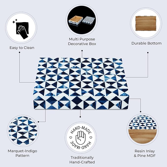 Handicrafts Home Blue and White Decorative Storage Box with Lid – Slim Rectangular Storage Box, Handmade Resin Inlay Wooden Box, Remote Holder, Desk Organizer, Decorative Keepsake & Jewelry- 6x8x1.5