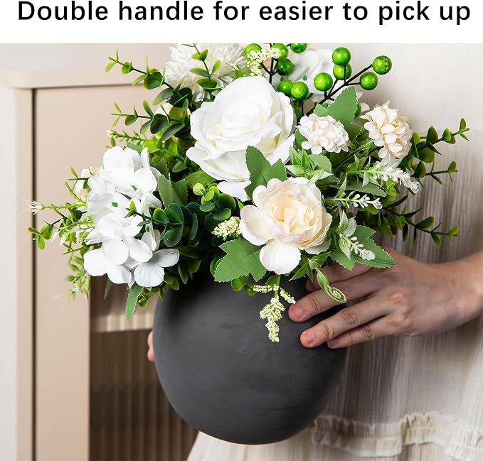 Black Vase Home Decor - 6in Ceramic Vase for Flowers - Small Round Vases for Decor - Farmhouse Vases for Pampas Grass, Decorative Vase for Bouquet, Lyeec Clay Pottery Rustic Terracotta Vase