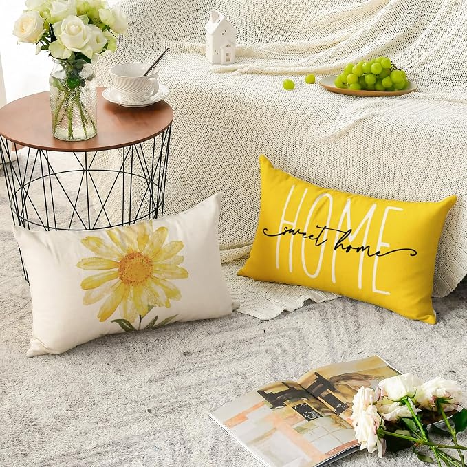 AVOIN colorlife Home Sweet Home Spring Summer Flowers Yellow Throw Pillow Covers, 12 x 20 Inch Cushion Case for Sofa Couch Set of 4