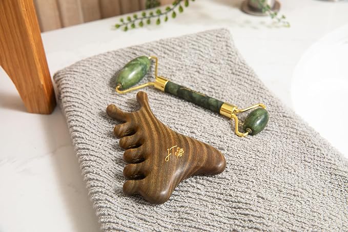 jade & timber Jade Roller & Green Sandalwood Gua Sha Set – Facial & Body Massage Tools for Lymphatic Drainage & Sculpting - Self Care Gift