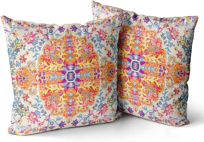 Snycler Orange Blue Ethnic Boho Pillow Covers 16x16 in Boho Carpet Cream Coral Floral Decorative Couch Pillow Cases with Zipper Set of 2 Home Decor for Living Room Bedroom Bed Cushion Outdoor