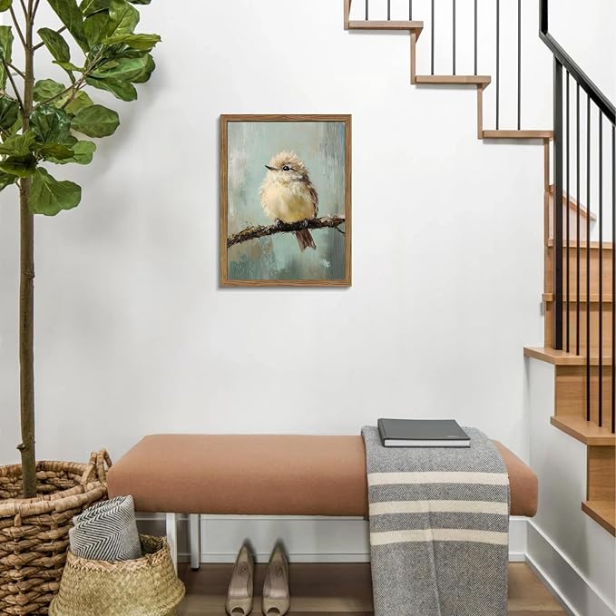 Vintage Framed Bird Wall Art, Rustic Sparrow on Branch Canvas Wall Decor Painting, Cute Bird Animal Artwork Poster Prints Pictures for Living Room Bedroom Bathroom 16x24 Inch