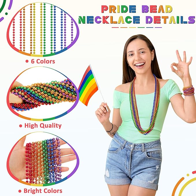 Pride Necklace Accessories, 30PCS LGBTQ Beads Necklaces, 6 Kinds Metallic Rainbow Beads Bulk, Round LGBTQ Pride Stuff for Gay Lesbian, Costumes Decor for Parade Throws Party Favors