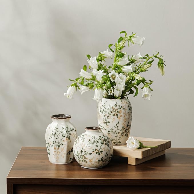 Ceramic Flower Small Vase for Home Decor, Vintage Green Vase Set of 3 | Rustic Farmhouse Floral Vase for Mantel, Coffee Table, Living Room, Kitchen, Bookshelf, Entryway, Wedding Centerpiece