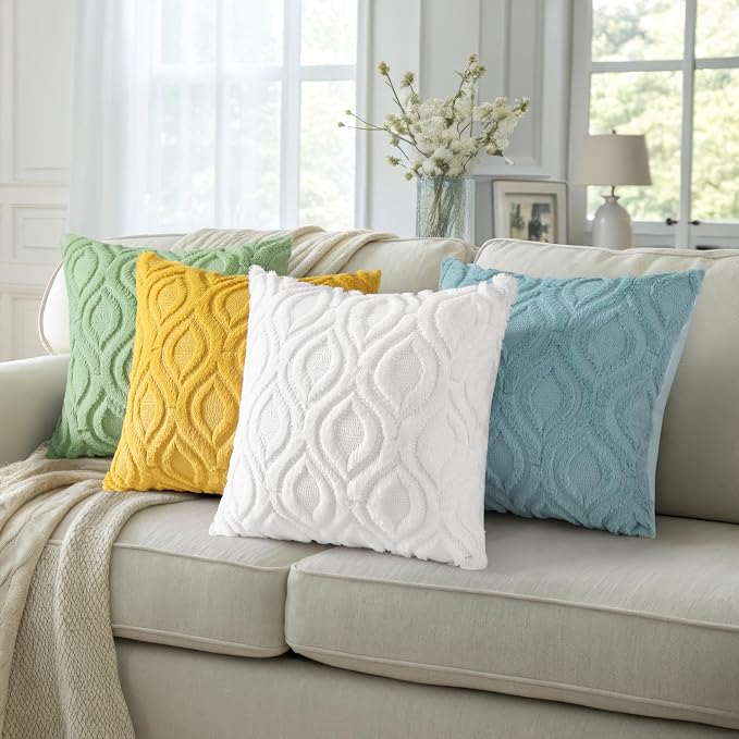 decorUhome Faux Fur Plush Soft White Throw Pillow Covers 26x26 Set of 2 | Wool Solid Fall Couch Pillow Covers, Accent Modern Farmhouse Neutral Decorative Square Pillow Cases for Sofa Bed Living Room
