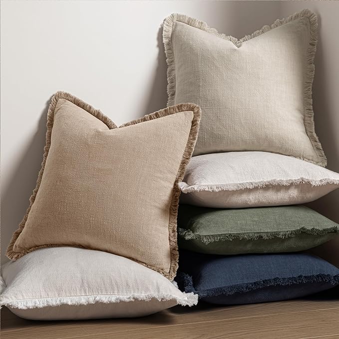 MIULEE Boho Linen Fringe Decorative Euro Throw Pillow Covers Camel 22x22 | Set of 2, Cottagecore Decor, Boho Farmhouse Neutral Pillow Covers, Rustic Couch Cushion Cases for Sofa Bed Living Room