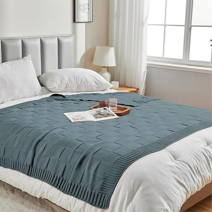 CozeCube Dusty Blue Knitted Checkered Throw Blanket 60"X80" | Check Knit Throw for Couch, Decorative Christmas Soft Cozy Warm Blanket for Bed Sofa Living Room